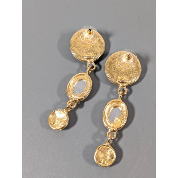 Retro Jewel Tone Dangle Earrings Gold Tone Green Pink Blue Bold Statement - Picture 6 of 8